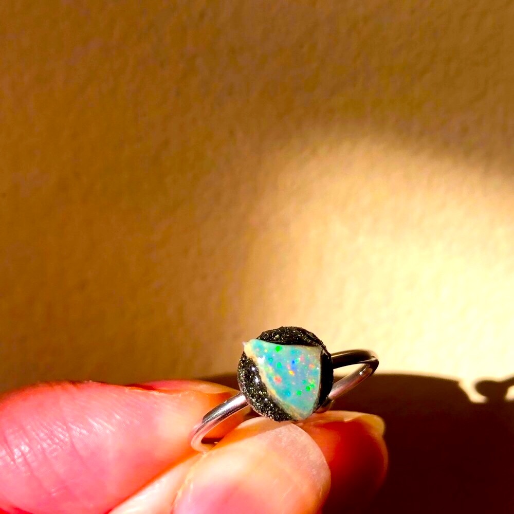 New Ethiopian Opal & pyrite crystal ring
